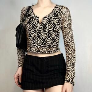 Vintage Lace Sheer Cream Black Long Sleeve Crop Top